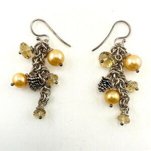 Michael Dawkins Earrings Pearl Dangle Sterling Silver Caviar Pebbled Drop Yellow